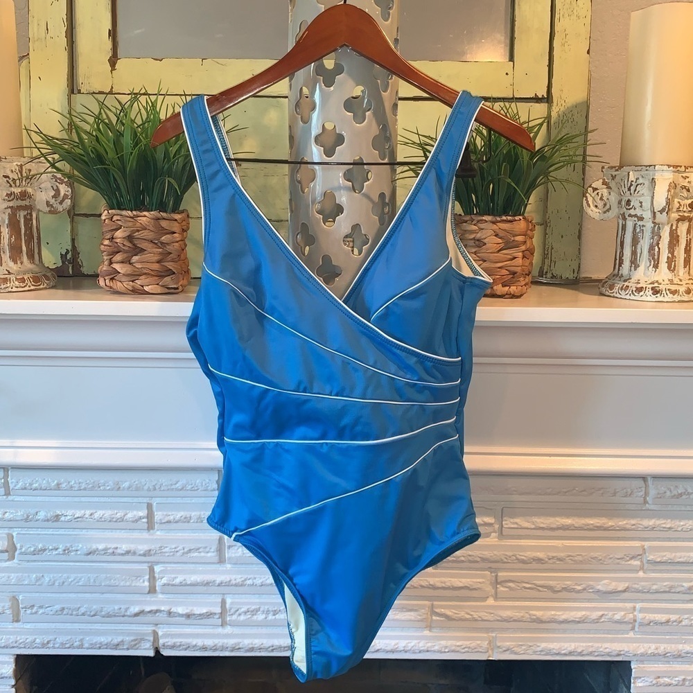 Miraclesuit Slimming Contouring Blue Wrap One Piece Swimsuit Scoop Back 14